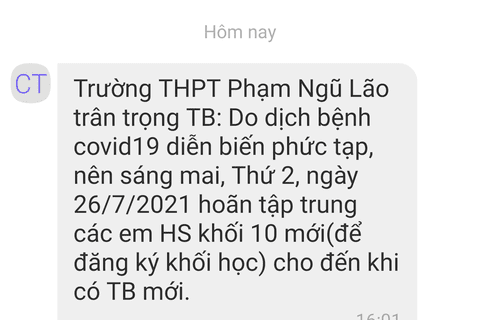 Thông báo đến học sinh khối 10 năm học 2021-2022