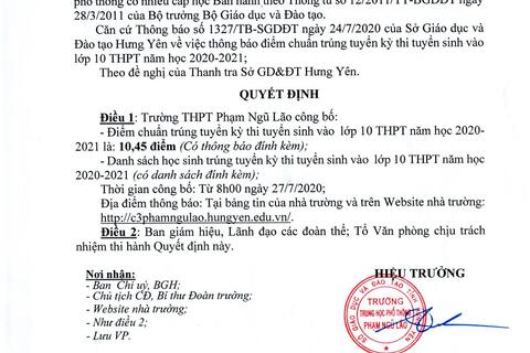 Thông báo điểm chuẩn vào lớp 10 năm học 2020- 2021 của trường THPT Phạm Ngũ Lão.